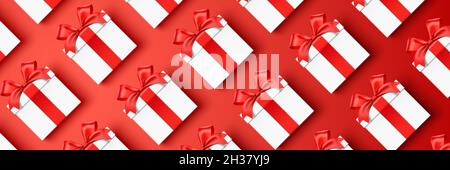 Lots of white gift boxes lying down on a red horizontal background. Christmas, New Year, Birthday, or holiday shopping vector banner design with realistic gift boxes, wrapped with red satin ribbons. Stock Vector