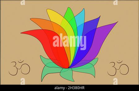 Lotus flower in rainbow colors with a golden background. At both sides of the flower are the Indian om symbols Stock Vector