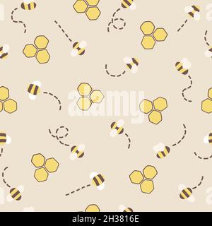 Seamless pattern of yellow and brown bees flying with honeycombs with honey with a light yellow background and with a minimal and contemporary style Stock Vector