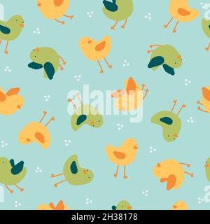 Seamless pattern vector design of some birds flying in varun minimalist, childish and colorful style with green, blue and yellow colors Stock Vector