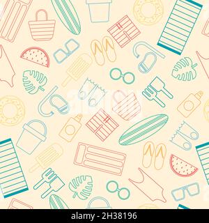 Seamless vector pattern designed with only linear elements of the beach or pool in summer, such as swimsuits, sunglasses, towel, umbrellas, ball, amon Stock Vector