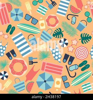 Seamless vector pattern designed with elements of the beach or pool in summer, such as swimsuits, sunglasses, towel, umbrellas and ball Stock Vector