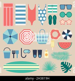 Vector set designed on summer beach or pool items, such as swimsuits, sunglasses, towel, umbrellas, ball, among other objects Stock Vector