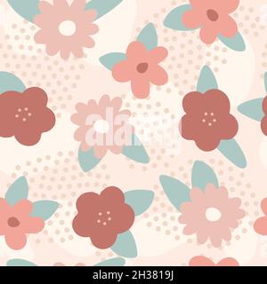 Seamless pattern designed with flowers, dots and shapes with light background Stock Vector