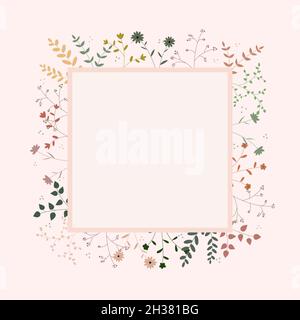 Minimalistic vector with plants and flowers all around an square Stock Vector