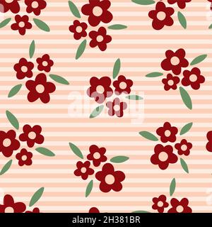 Burgundy floral seamless pattern vector design with flowers, leaves and background with lines with a romantic style Stock Vector