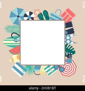 Square for text with vectors designed on elements of the beach or pool in summer, such as swimsuits, sunglasses, towel, umbrellas, ball Stock Vector