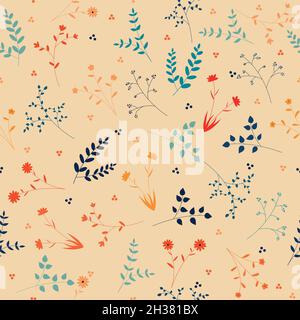 Seamless pattern made of plants with flowers in pastel colors and beige background. Nature vector pattern with bright colors Stock Vector