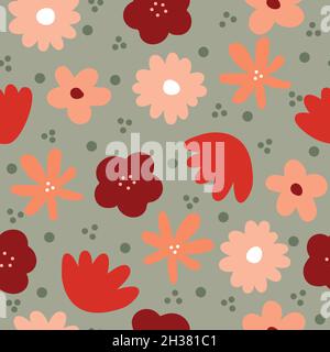 Seamless pattern designed with different shapes of flowers with dots and green background Stock Vector