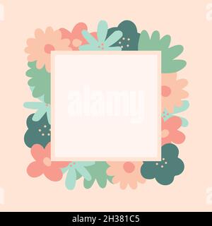 Set of vector flowers with an square on top as a text template with light pink background Stock Vector