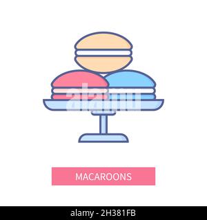 Macarons - modern colorful line design style icon on white background. Neat detailed image of pastry. Three delicious cakes. Tasty dessert, dish, menu Stock Vector