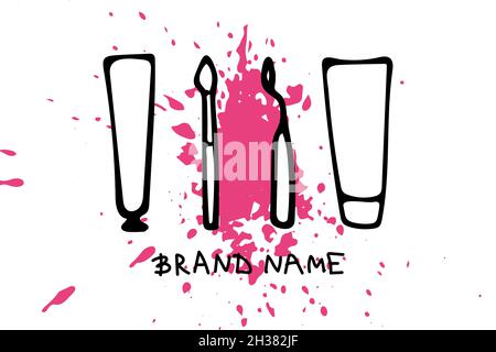 Vector illustration of a contour brush and a tube of paint, a palette knife on pink paint splash. Lettering Brand name. Stock Vector