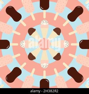 Vector with a set of sweet chocolate and vanilla ice creams in the shape of a circle with the blue and pink background Stock Vector