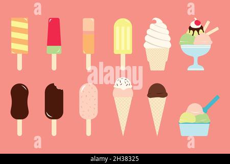 Set of 12 vector with different sweet ice creams isolated with a pink background. Stock Vector