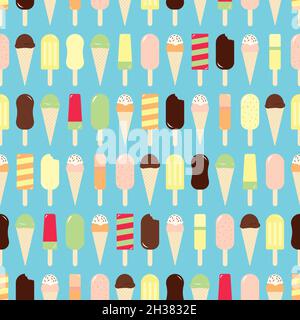 Vector seamless pattern of different sweet ice creams with bright and colorful colours Stock Vector