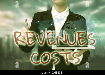 Writing displaying text Revenues Costs. Word for Total amount of money in Manufacturing and Delivery a product Lady In Uniform Standing Holding Tablet Stock Photo