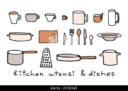 Colored set of vector illustrations of plates and mugs, knives and spoons, forks and cutting board, pots and pans, graters. Stock Vector