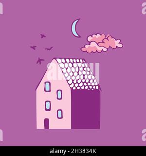Vector illustration of a house with birds and sky, stars and moon. Doodle design elements.  Stock Vector