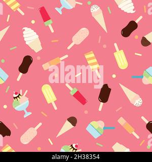 Vector seamless pattern of different sweet ice creams with bright and colorful colours Stock Vector