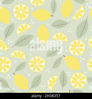 Seamless vector pattern with all natural yellow lemons, with green leaves and sliced ​​lemon pieces with a light green background Stock Vector
