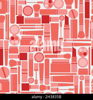 Vector seamless pattern full of makeup items. Makeup with lipstick, mascara, shadows, pencils and brushes in pink and red colors Stock Vector