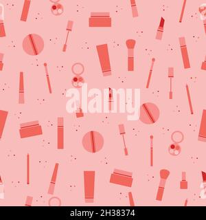 Vector seamless pattern full of makeup items. Makeup with lipstick, mascara, shadows, pencils and brushes in pink and red colors Stock Vector