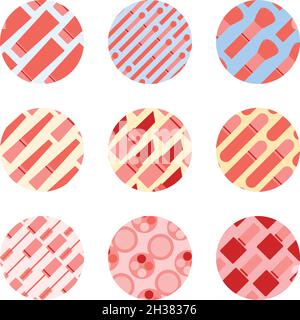 Make up icon set for social media or websites. Makeup circles with different products in pink, red, blue and yellow Stock Vector