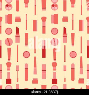Vector seamless pattern full of makeup items aligned. Makeup with lipstick, mascara, shadows, pencils and brushes in pink and red colors Stock Vector