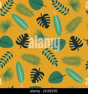 Seamless pattern made of tropical plants and leaves in green and yellow colors Stock Vector