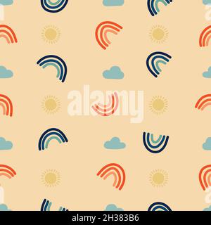 Seamless pattern of blue and orange rainbow with blue clouds and yellow sun with beige background and with a minimal and trendy style Stock Vector