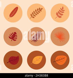 Icon set of 9 circles with different tropical leaves for websites or social media icons Stock Vector