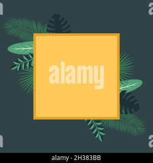Minimalistic green and yellow tropical leaves vector with a text and square Stock Vector