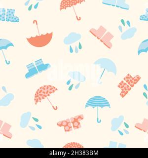 Rainy weather childish seamless pattern vector design with umbrella, water boots, and clouds with rain drops with a minimalistic style Stock Vector