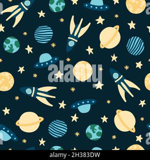 Seamless pattern vector design of space, with stars, rockets, spaceships and planets in the universe with a childish and doodle style with blue Stock Vector