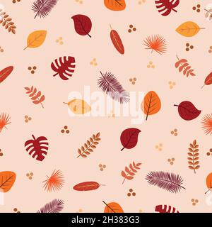 Seamless pattern made of tropical plants and leaves in brown and orange colors Stock Vector
