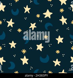 Seamless pattern of a night sky with yellow stars blue moons and dark blue background for a minimal and child design Stock Vector