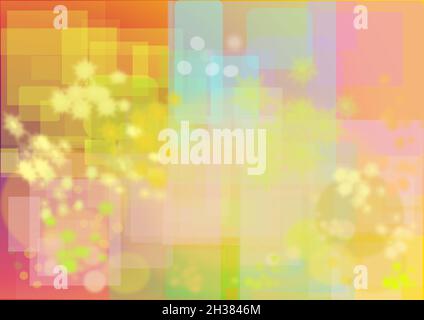 Abstract colorful background with squares, circles and stars. Blur and bokeh like. Colors used: pink, purple, orange, yellow, blue, green. Stock Vector