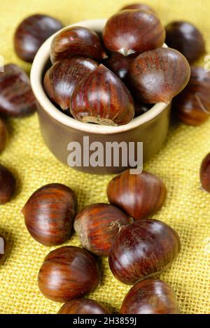 portuguese nuts in ceramic container on table with yellow jute Stock Photo