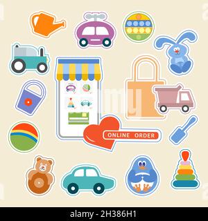 Vector Stickers pack Online order Kid toy Happy childhood Gaming items playing in sand Car Pyramid Ball Tumbler Rabbit Penguin Pop it Watering can Pri Stock Vector