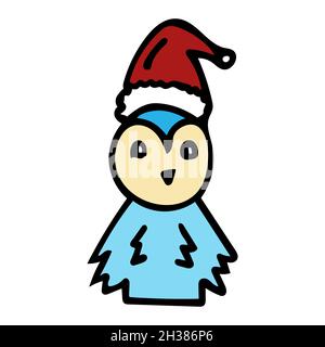 Blue penguin in a New Year red hat in cartoon style. Stock Vector