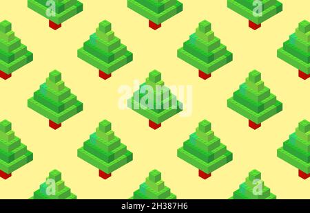 Isometric Christmas fir trees on a yellow background from colored plastic blocks. The children s designer. Vector illustration. Stock Vector
