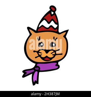 A cheerful Red Cat is smiling in a red and white hat and a purple scarf in the style of a cartoon. Stock Vector