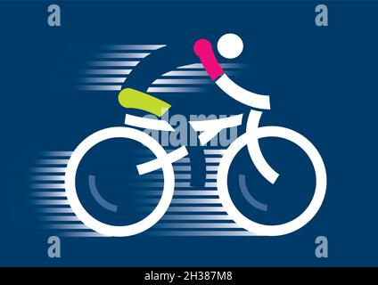 Cyclist icon, full speed. Abstract stylized cyclist with stripes on the blue background. Vector available. Stock Vector