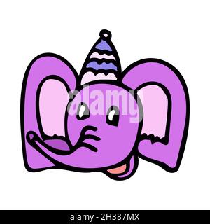 A cheerful pink elephant is smiling in a violet hat in the style of a cartoon. Stock Vector