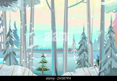 Frosty winter day. Snow landscape with trees. Pines and spruce. Beautiful rural scene. Cold season. Illustration in cartoon style flat design. Vector Stock Vector