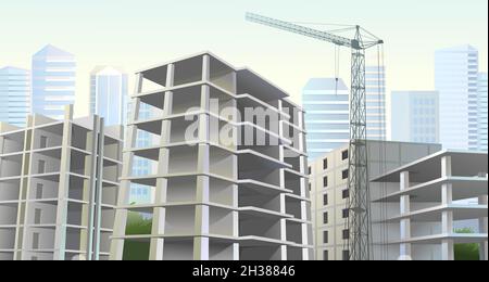 Building construction. Against background of city. Reinforced concrete slabs and floors. Residential house or office. Unfinished object. Realistic Stock Vector