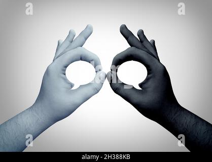 Social Debate concept and argument or disagreement concept as a black and white hand shaped as a speech bubble representing social understanding. Stock Photo