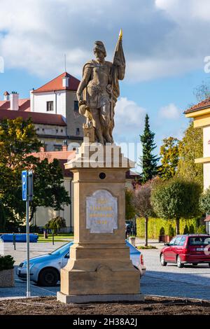 BUCOVICE, CZECH REPUBLIC - Oct 18, 2021: Bucovice, Czech Republic - October 16, 2021 view of the statue of St. Florian, baroque work patron saint of f Stock Photo