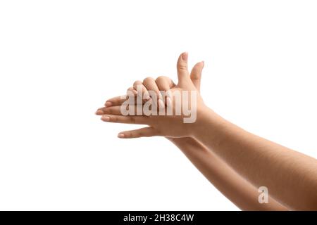 Woman making dog with her hands on white background Stock Photo