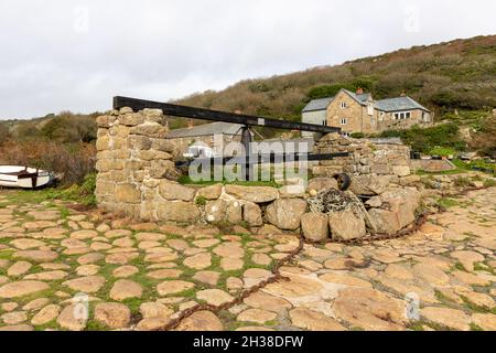 Penberth Cove in Cornwall, a quiet unspoilt traditional working fishing village on the Lands End Peninsular Stock Photo